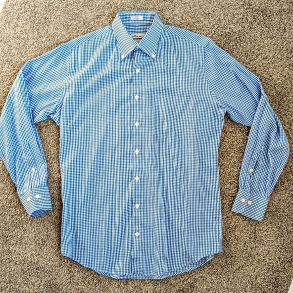 Men's Peter Millar Blue Small Check Gingham Long Sleeve Button Up Shirt Sz M